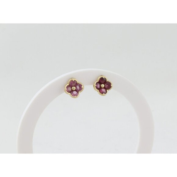 14k Yellow Gold Natural Rhodolite Garnet Flower Earrings Stud Post 3/8" inch - Picture 3 of 8